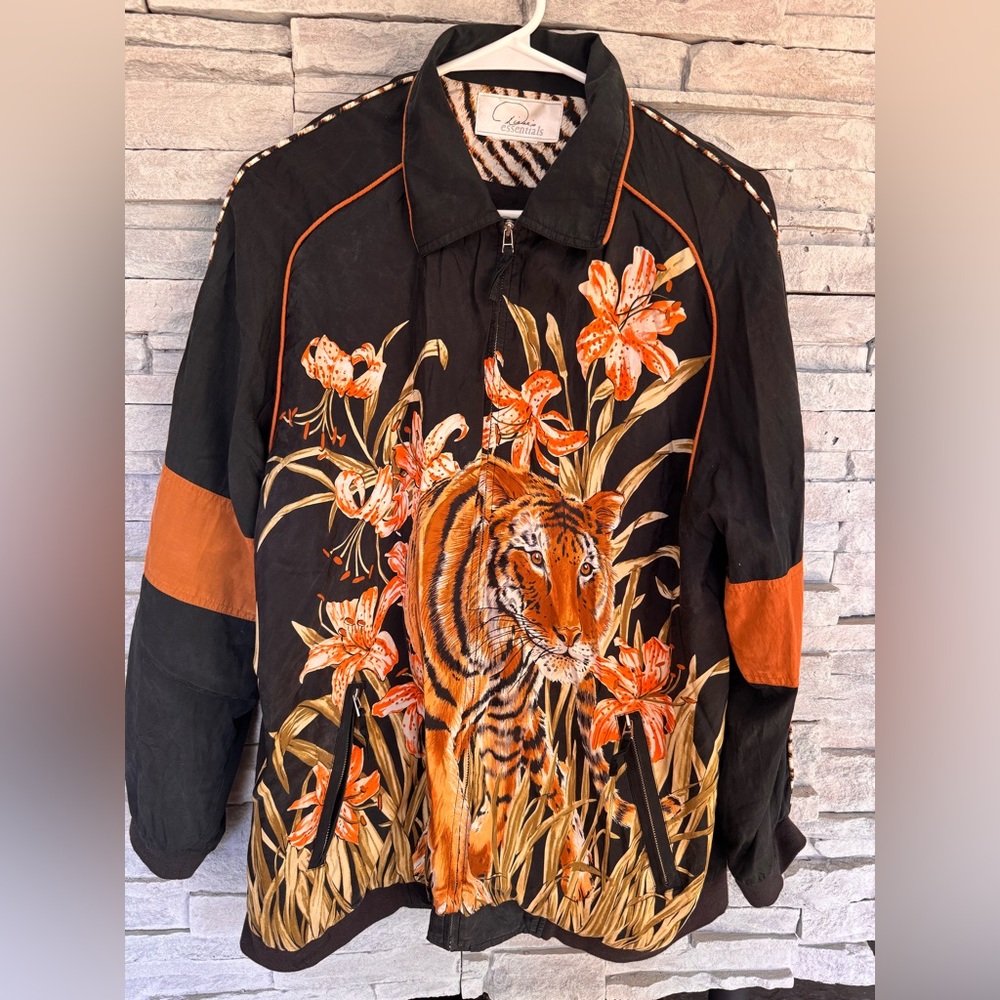 Vintage Tiger Print Bomber Jacket Black and Orange Satin Feel
